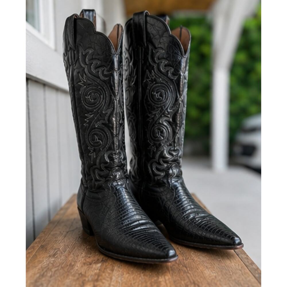 Vintage Justin Black Lizard Cowboy Boots Embroidered Western Womens 6B